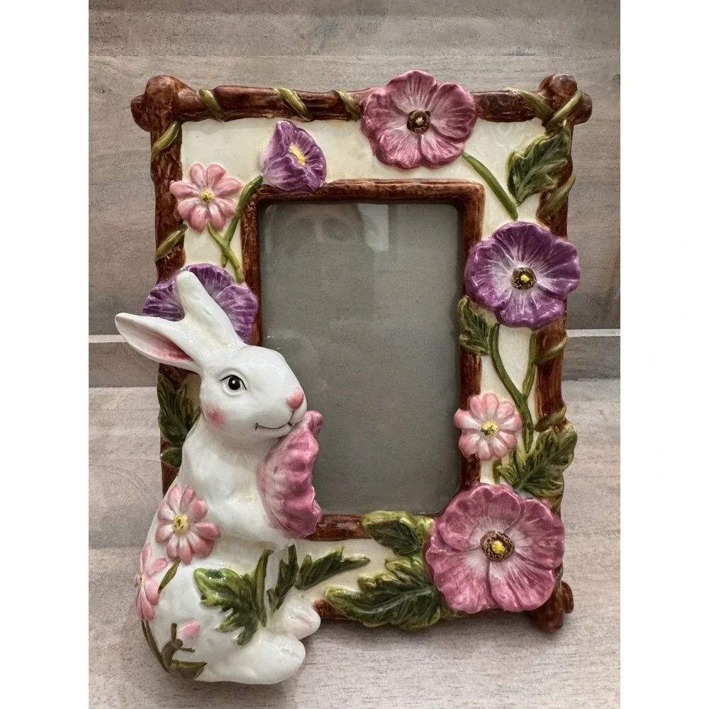 Ceramic 3D Floral Bunny Rabbit Photo Frame Easel Back Table Top Signature Home